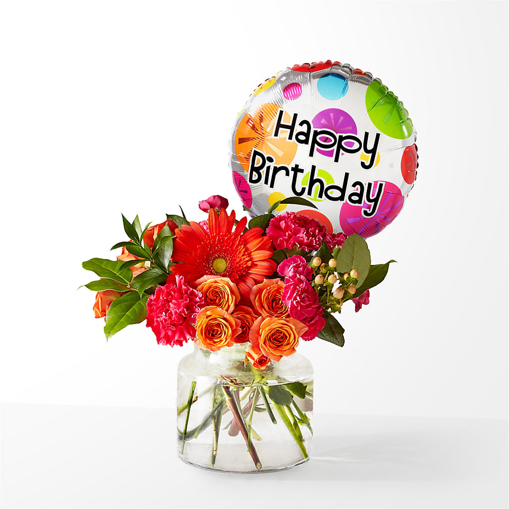 Fiesta Bouquet with Birthday Balloon – Natural Flowers Llc, Centreville VA