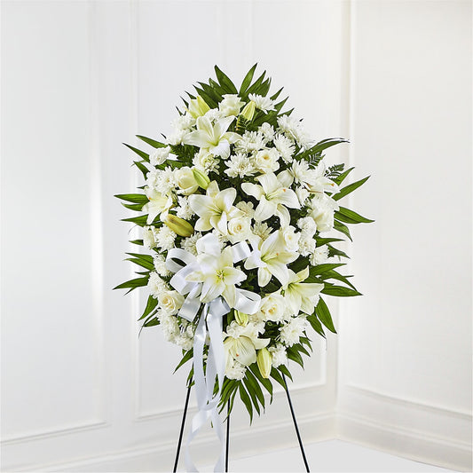 Exquisite Tribute Standing Spray-White Ribbon – Natural Flowers Llc, Centreville VA