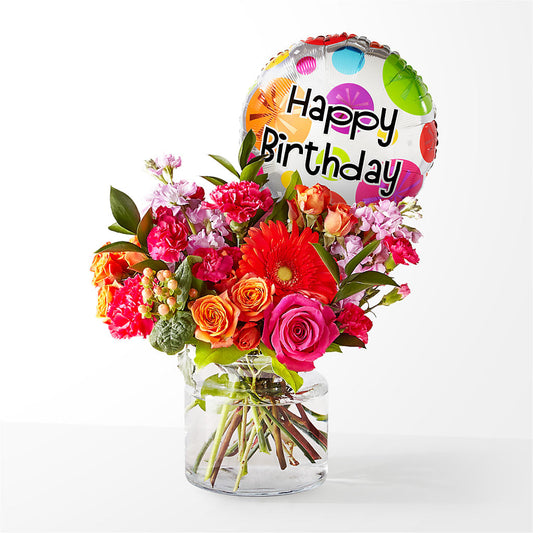 Fiesta Bouquet with Birthday Balloon –  Natural Flowers Llc, Centreville VA
