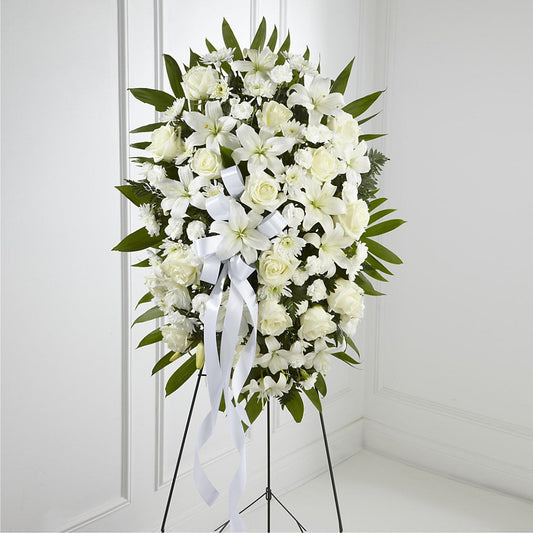 Exquisite Tribute Standing Spray-White Ribbon –  Natural Flowers Llc, Centreville VA
