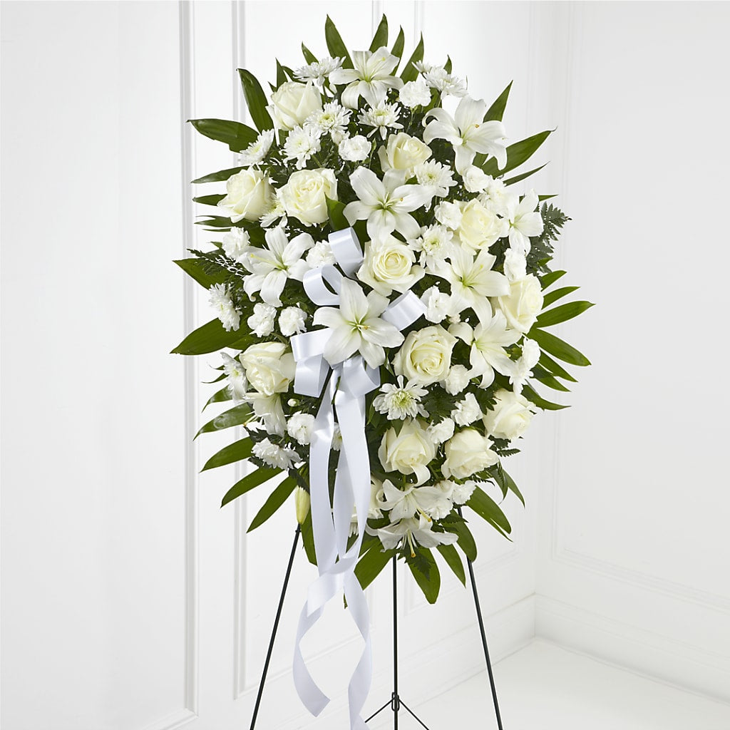 Exquisite Tribute Standing Spray-White Ribbon –  Natural Flowers Llc, Centreville VA